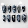 30pcs Halloween Press On Nails Gothic Skeleton Skull Spider Web Black Cat Haunted House Fake Nail Almond False Nail for Women