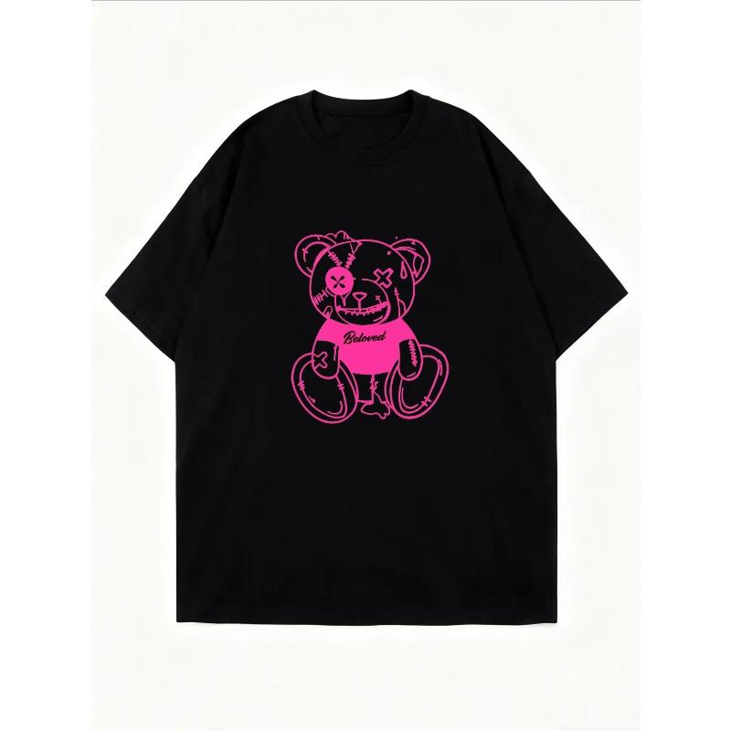 Crewneck T Shirt White Pink Teddy Bear With Beloved Text Graphic Print Casual Everyday Wear