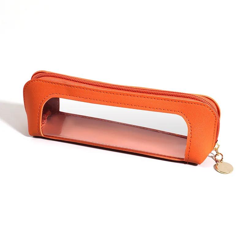 Women's Portable Leather Makeup Bag Waterproof Travel Cosmetic Pouch for Eyebrow Pencils & Brushes Compact Organizer Case