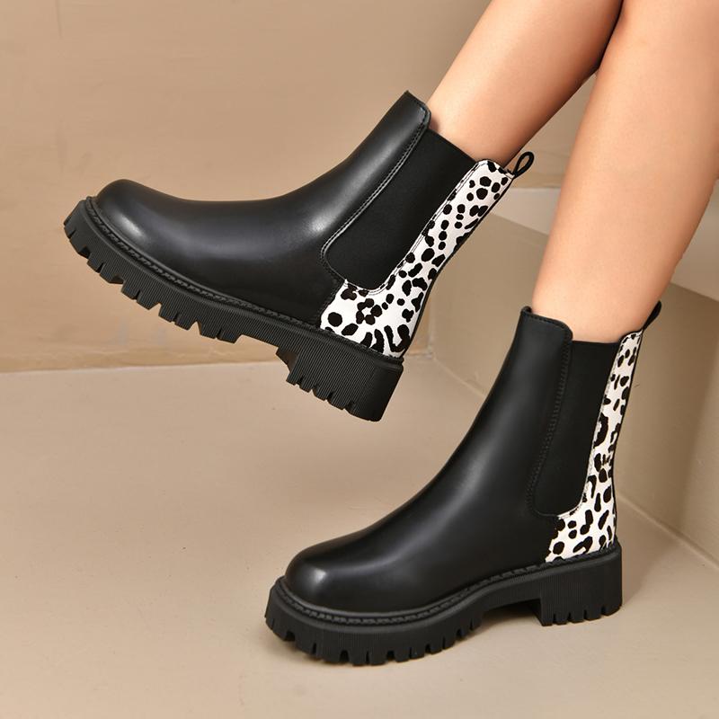 Fashion Fashion Leopard Print Platform Chelsea Boots Women Slip On Plus Size Thick Sole Ankle Boots Woman Pu Leather Short Booties Mujer