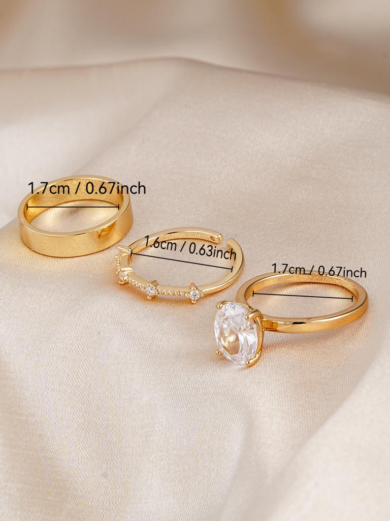 3pcs Elegant Cubic Zirconia Inlaid Ring Set, Jewelry Accessories Suitable For Women To Wear At Weddings, Parties And Gatherings,