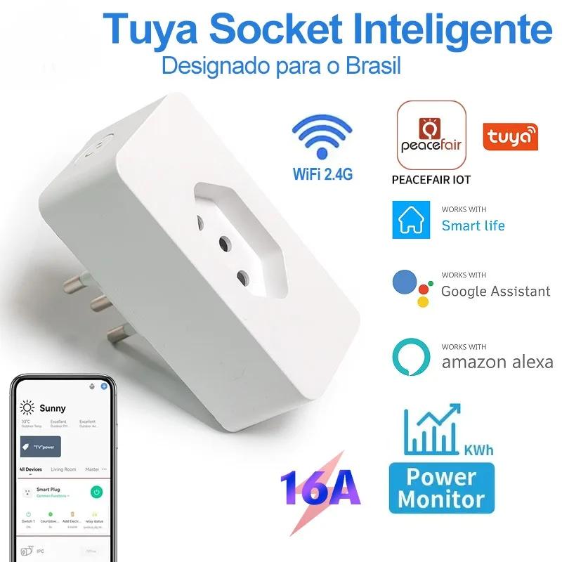 Tuya 16A Smart Life APP Remote Compatible Smart Socket Brazil Standard WiFi Smart Plug Voice Work for Google Home Alexa