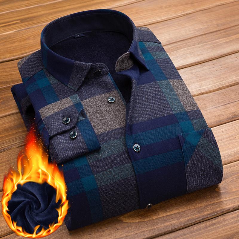 Winter Herrenhemd Kariert Flanell Dick Warm Langarm Fleece Herbst Kleid Flanell Formelles Hemd Mode Lässig Slim Fit Tasche