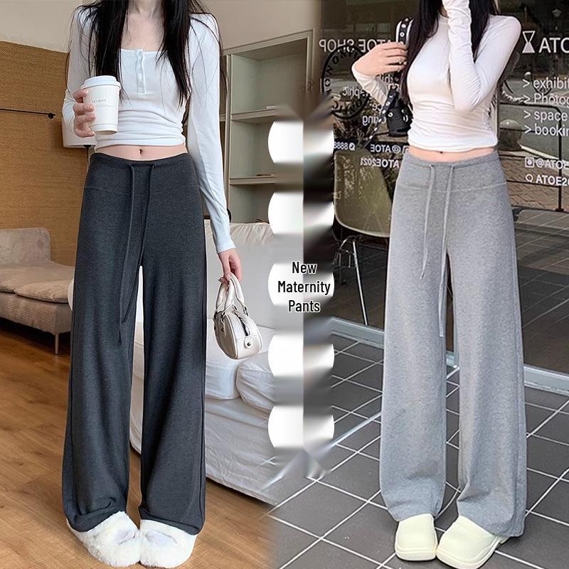 Modal Dark Gray Maternity Wide-Leg Drawstring Pants - Summer Casual Plus Size