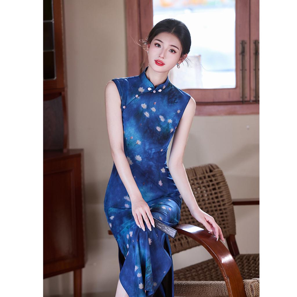 Modern style blue sleeveless improved cheongsam dress, young girl daily high slit slim slim dress