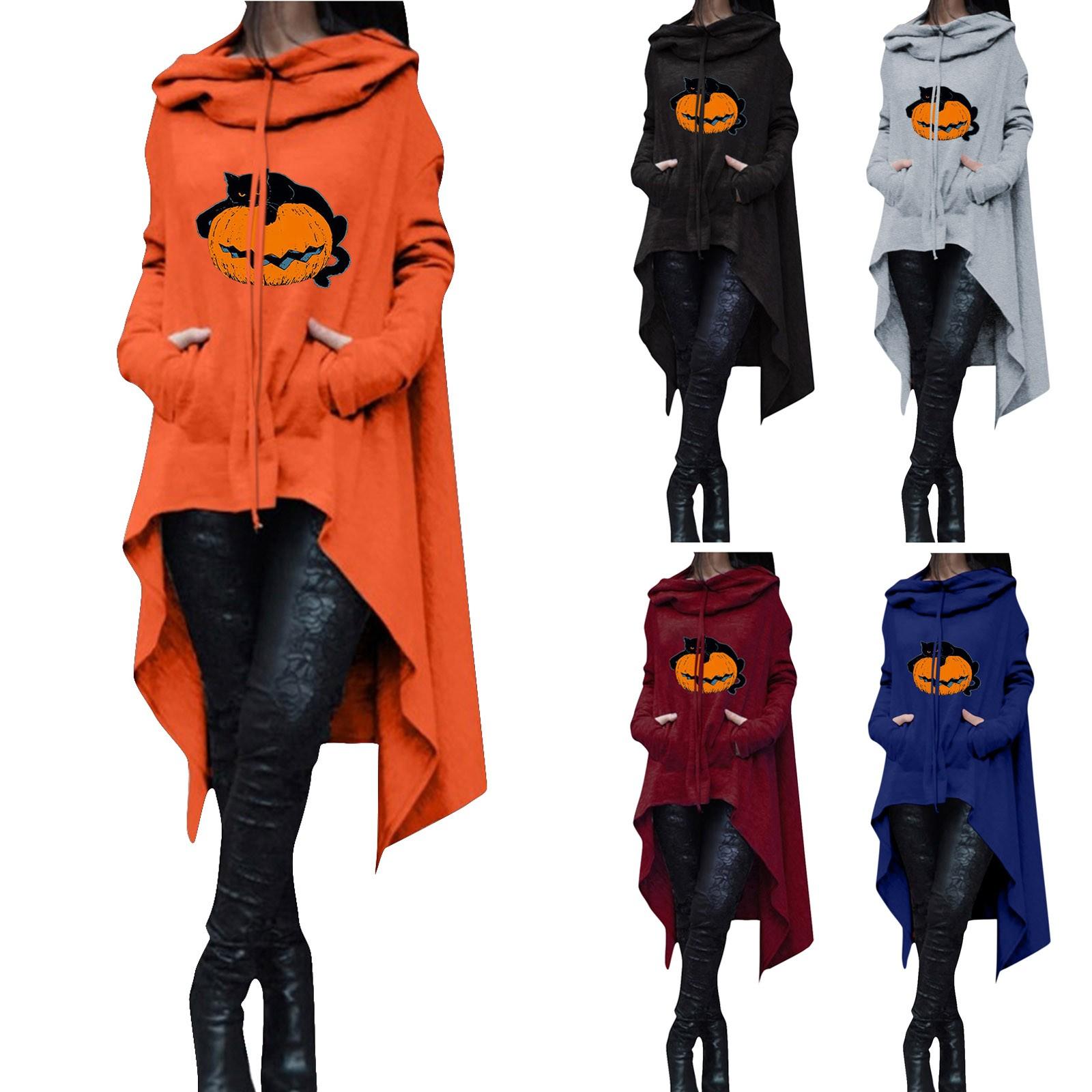 

Женский повседневный модный пуловер с капюшоном и длинным рукавом с принтом на Хэллоуин и круглым вырезом, длинный топ