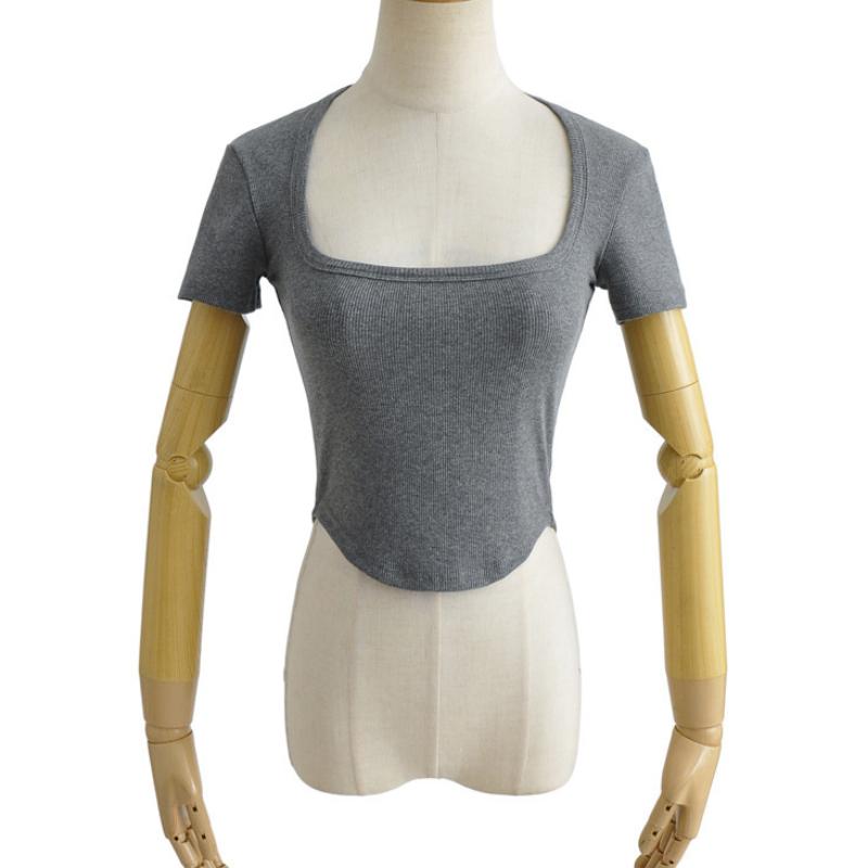 Sexig djup U-ringad T-shirt dam sommar Europeisk och Amerikansk smal passform oregelbunden topp