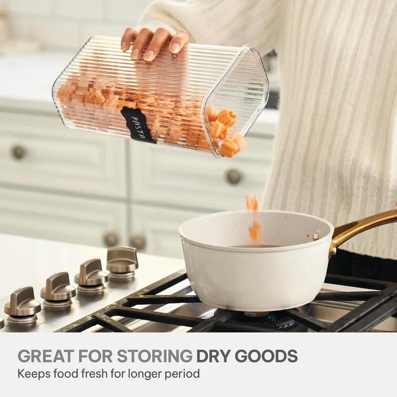 8 Piece Pantry Storage Container Set with Snap Lock Lids Clear Ribbed Design Food Organizer Includes Labels Perfect Dry Goods