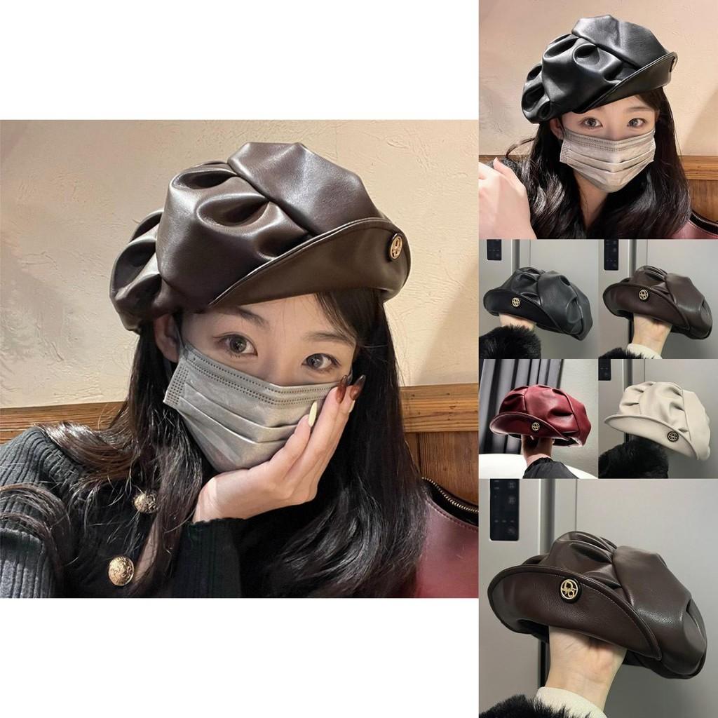 Fashionable Korean Style Pu Leather Beret Womens Artistic Sunshade Hat