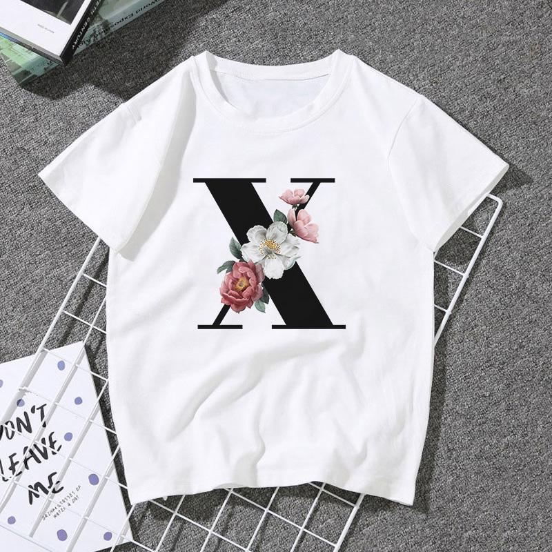 A B C D E English Alphabet Print T Shirt Women Short Sleeve Couples Lovers Female
