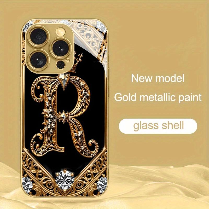 Creatieve Elegante Letter R Goud Metallic Verf Glas Telefoonhoesje Voor iPhone 17 16 15 14 13 12 11 Pro Max 14 Plus 17 Air 16E Cover