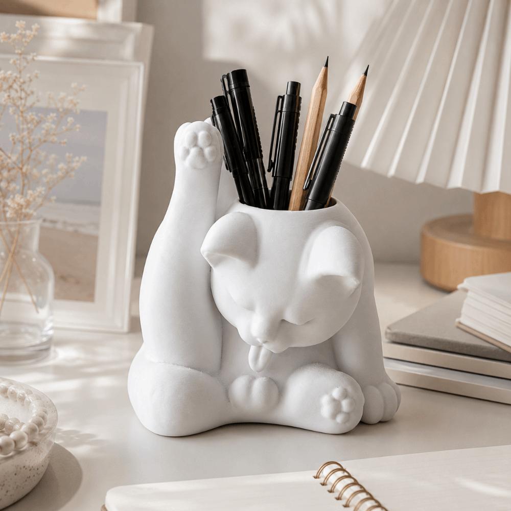 Funny Makeup Brush Holder 3D Printed Desk Storage Box Licking Paw Cat Statue Stationery Storage