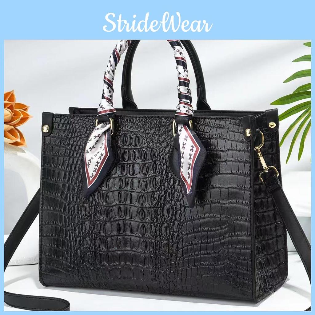 Womens Handheld Crossbody Bag With Crocodile Embossed And Silk Decoration Scarf