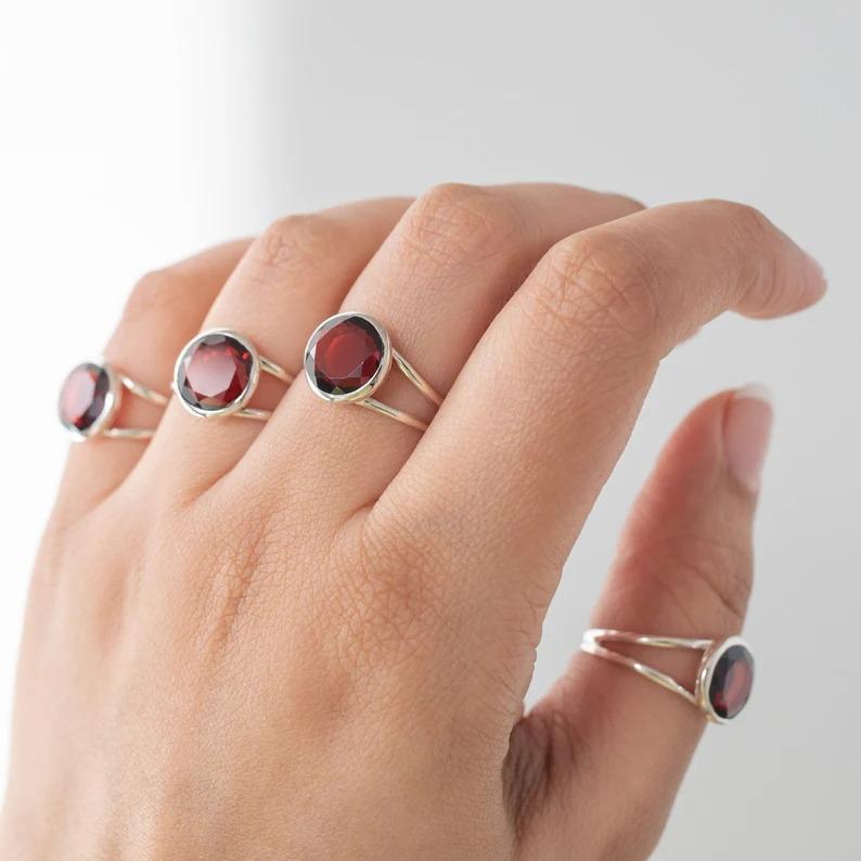 Round Garnet Gemstone Ring, Handmade Designer Ring, Gift For Her, Birthday Jewelry, Statement Ring, Wedding Gift