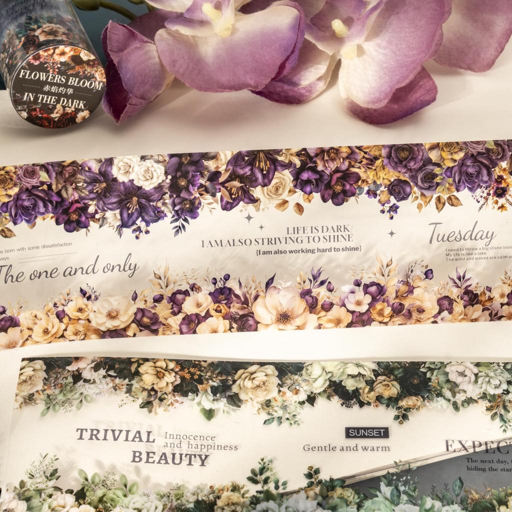 Alideco Masking Cute Retro Dark Style Watercolor Floral Transparent PET Adhesive Wide Stylish Masking Sticker 6-Pack Tape, Pattern, Water-Resistant
