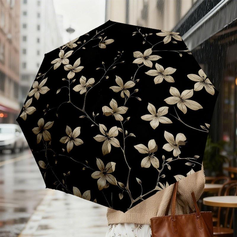1pc Floral Pattern Black Automatic Folding Umbrella, Heavy Duty 8 Rib Iron Frame,  Suitable for Travel, Daily Use, Birthday, Decor Gift m0104080