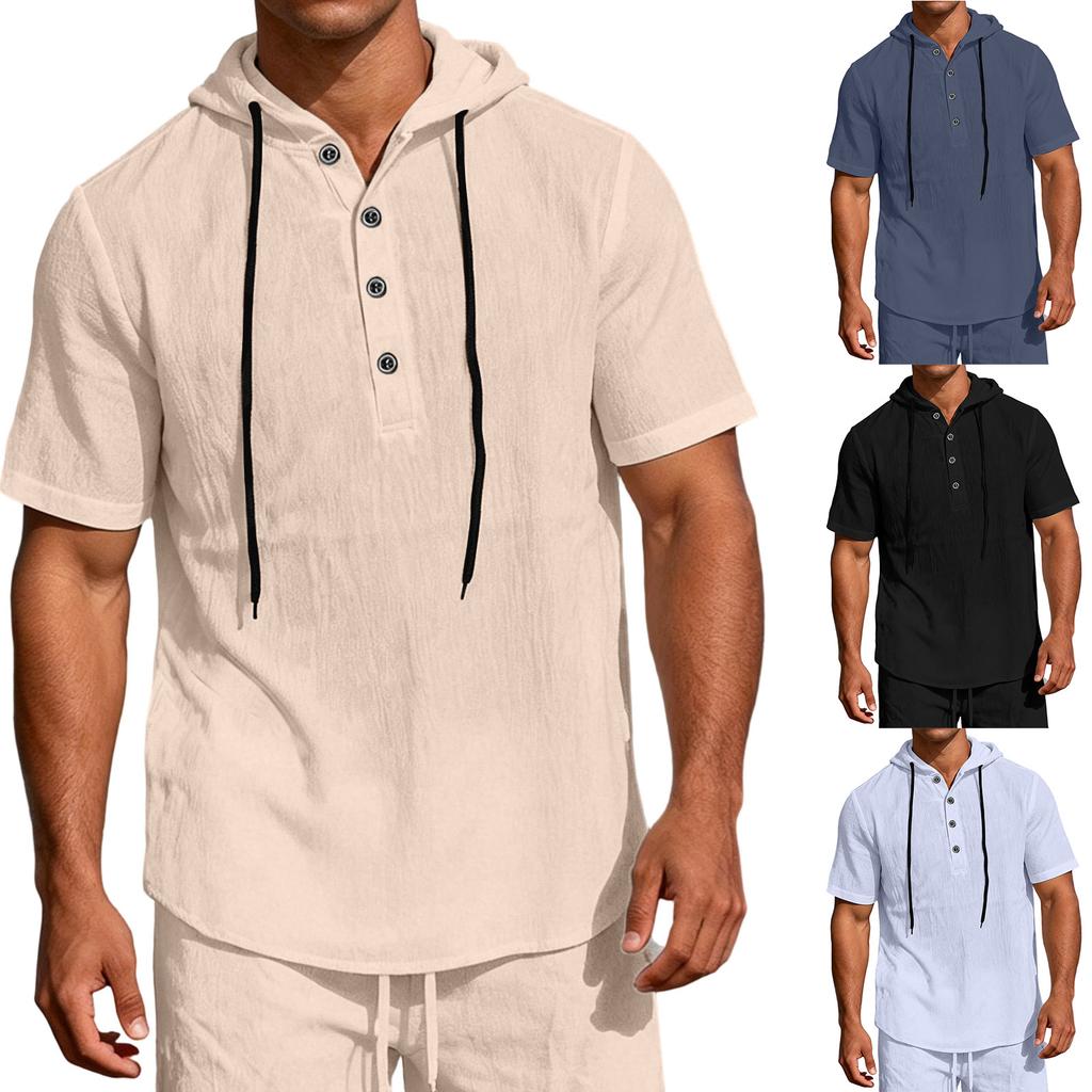 Camisa de Lino con Capucha de Manga Corta para Hombre Top Casual con Botones para camisetas camisas para hombre tallas grandes y altas camisas para hombre camisas de entrenamiento para hombre