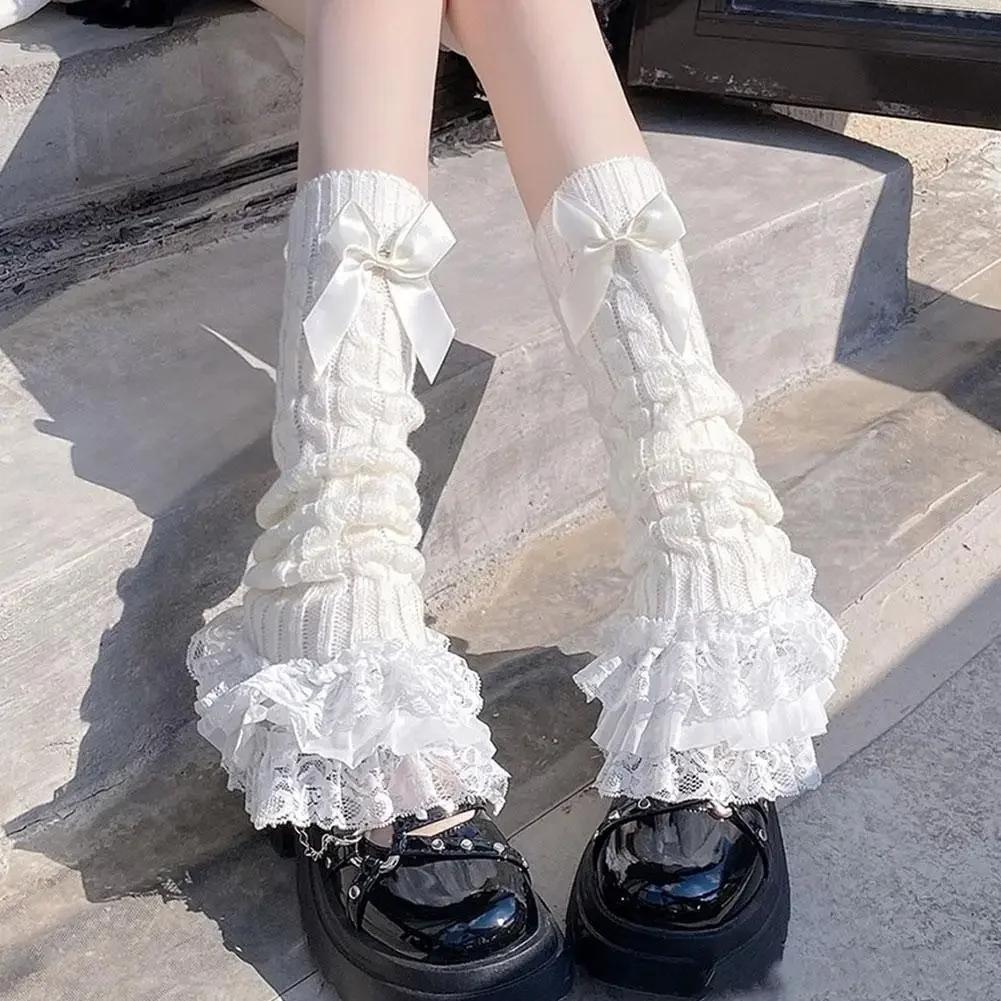 

Calf T Shaped Lace Leg Horn Warmers Women Japanese Women Knitted Leg Warmer Bow Tiered Ruffled Socks Girl Lace Lolita Socks One Size білий