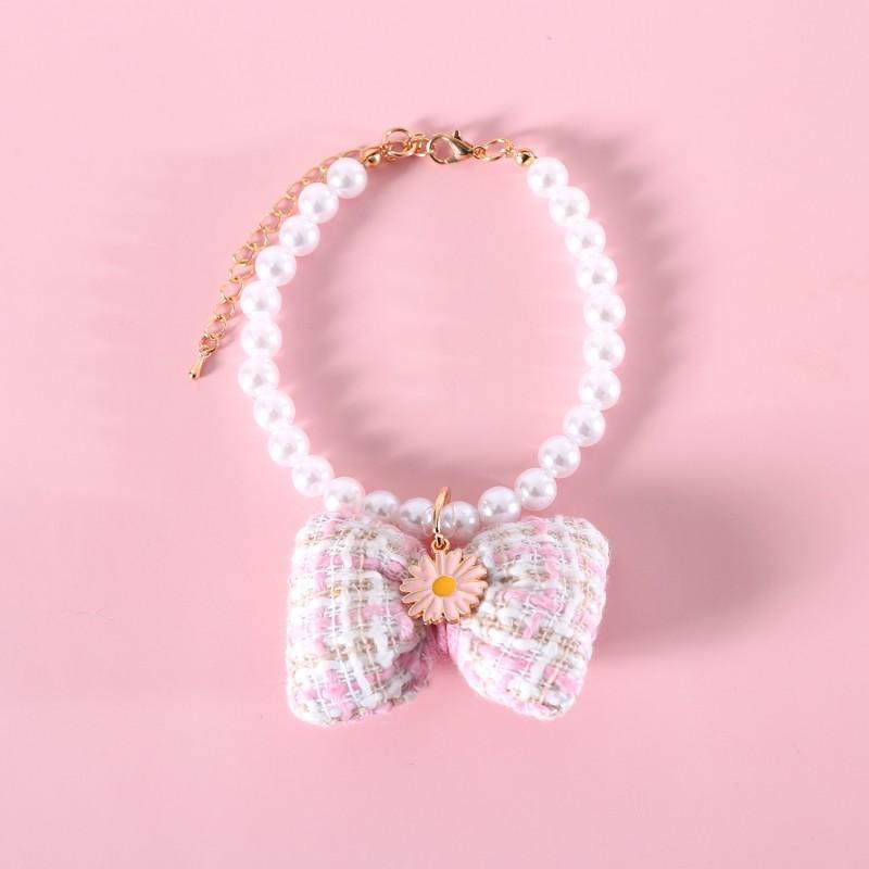 Adjustable Pet Necklace With Pearl Grid Bow Pendant Floral Daisy Design Dogs Cats Princess Birthday Accessory