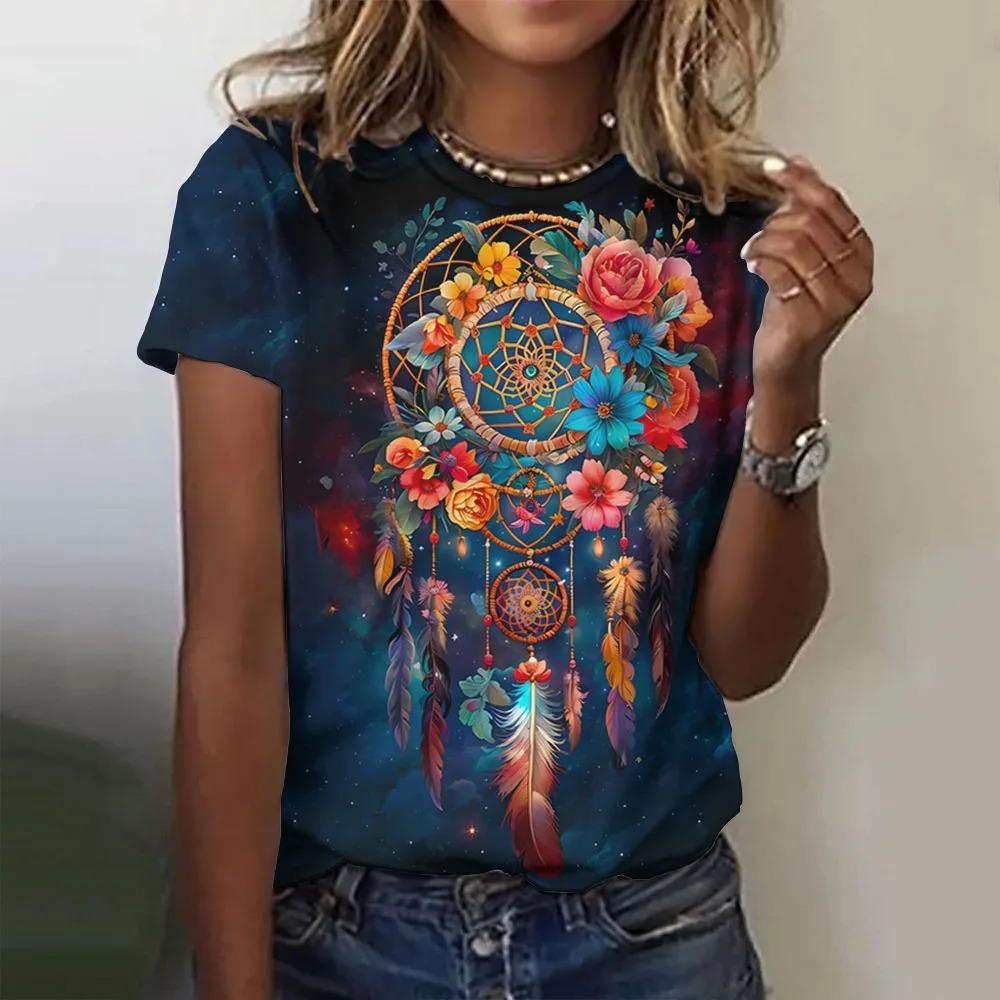 Summer Dreamcatcher 3D Print T-Shirt Women's Street Casual Retro Y2K Short Sleeve Crew Neck Top