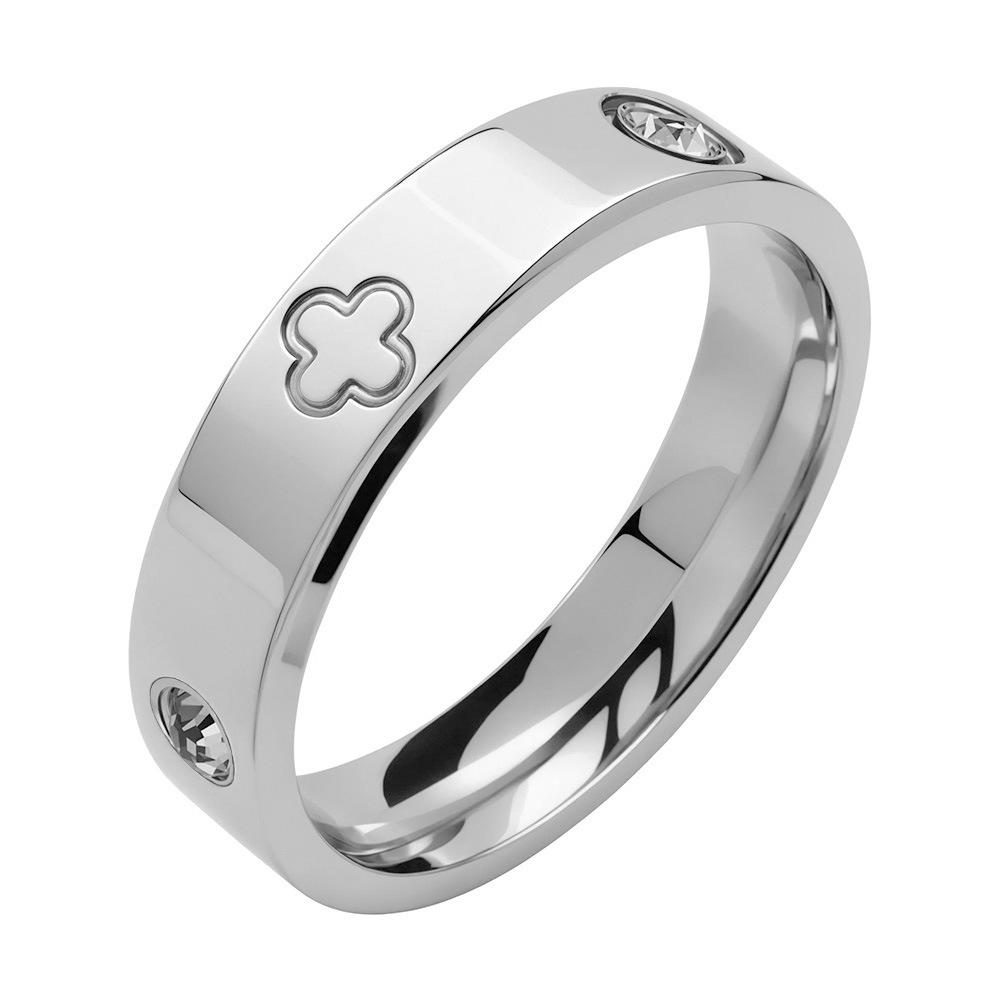 

1pc Luxury Stainless Steel Clover Rhinestone Couple Ring, Exquisite Jewelry Suitable for Everyday Wear Size 12 серебряный