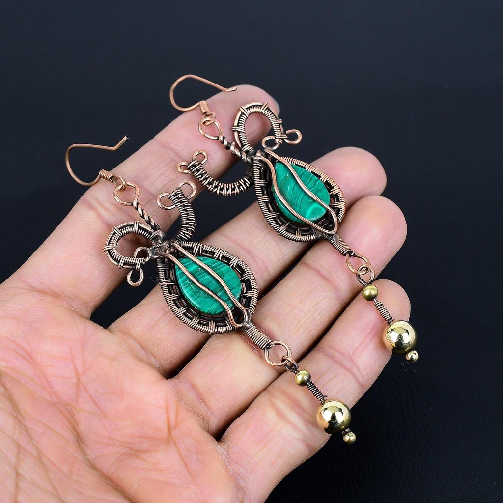 Malachite Earrings, 999 Copper Wire Wrapped Jewelry, Gift For Women Handmade Earrings Gemstone Jewelry
