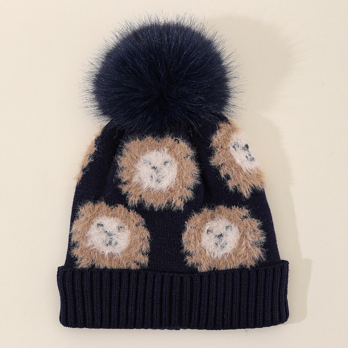 

Cartoon Lion Pompom Knit Hat: Fleece-Lined, Warm, Ear-Protecting for Kids (Autumn/Winter). темно-синий