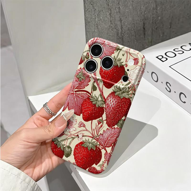 Antique Botanical Strawberry Floral Sketch Print Graphic Art Film Aesthetic Protective Shockproof Bumper Phone Case For iPhone 14 15 16 Pro Max Plus