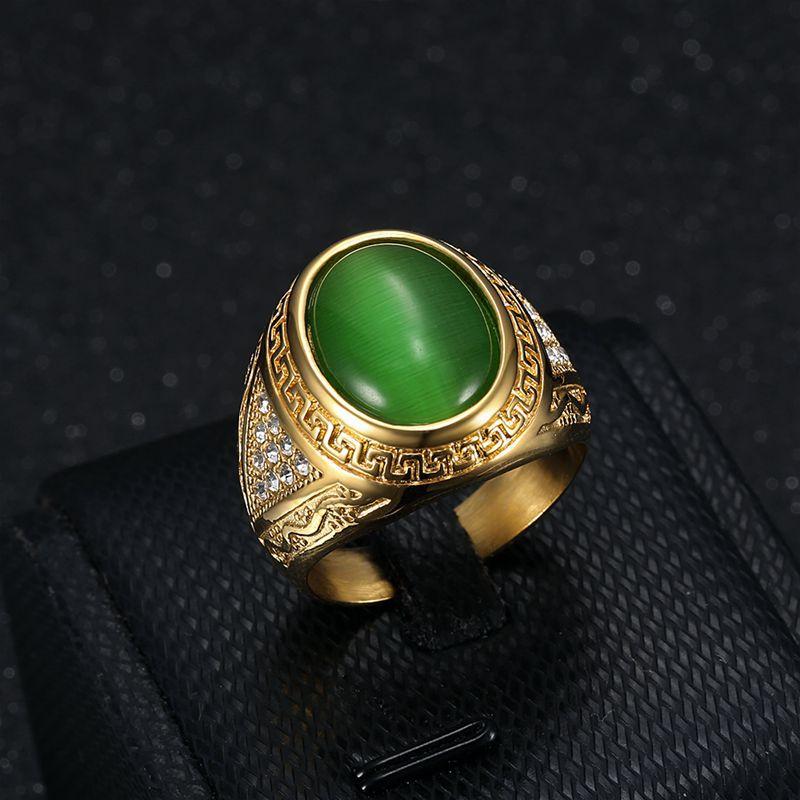 Stainless Steel Hip-hop Gold-plated Rhinestone Cat Eye Stone Men's Ring