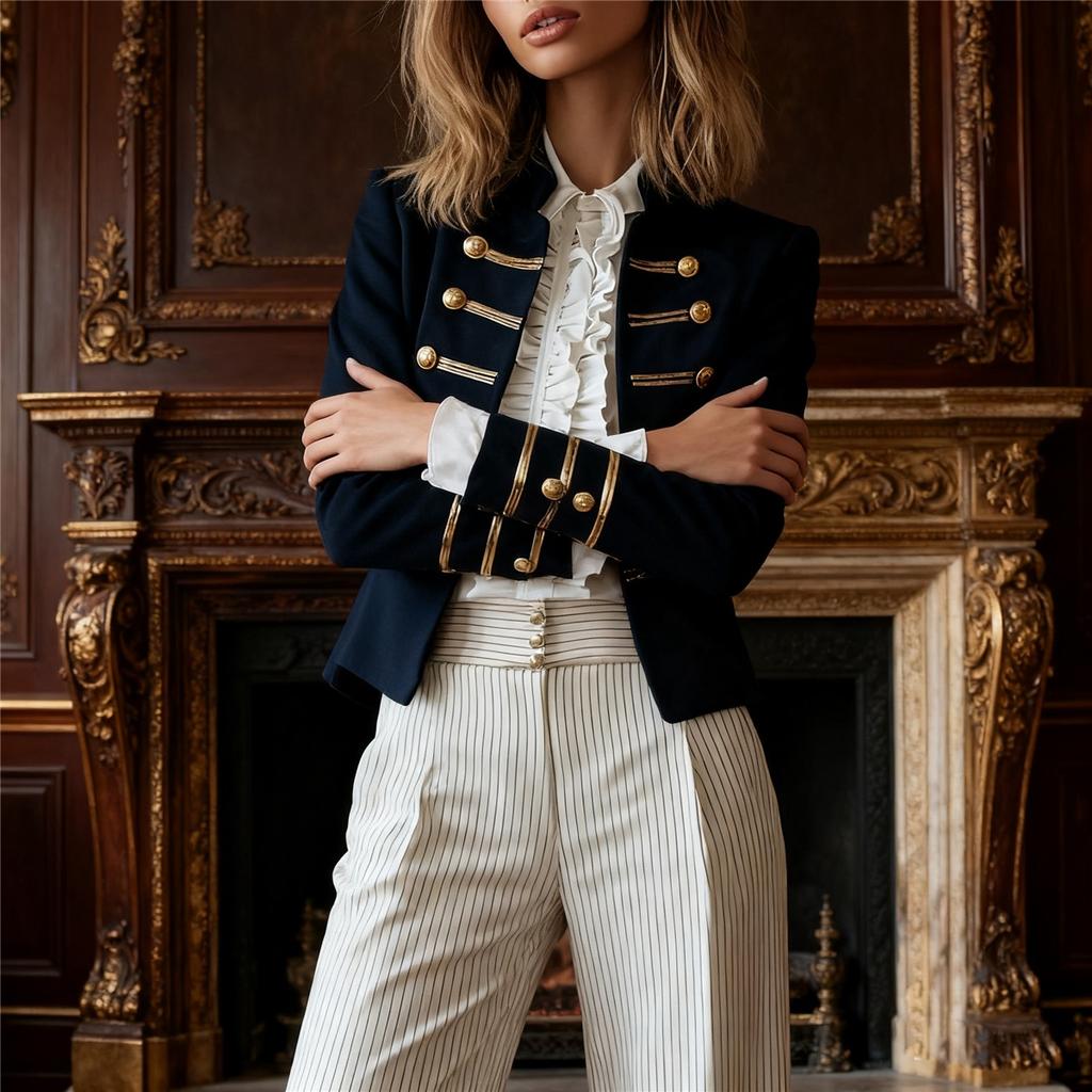 Dámský námořnický blazer vojenského stylu Zlaté knoflíky Dlouhý rukáv Štíhlý střih Vintage kabát Módní Denní dojíždění Ležérní svrchní oblečení