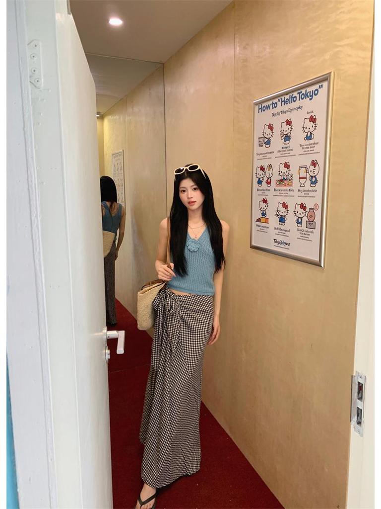 3D Kwiatowy Dekolt w Serek Dzianinowy Bez Rękawów Niebieski Top Tank - Damski Wyszczuplający Letni Design