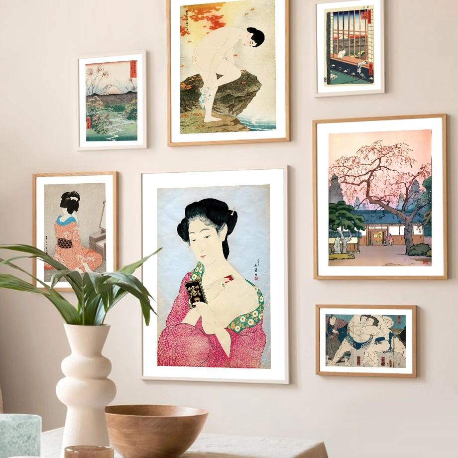 Nordic Japan Ukiyo Sumo Geisha Fuji Edo Period Wall Art, Canvas Painting, Posters and Prints, Pictures for Living Room Decor