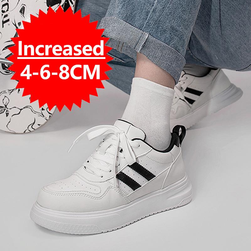 New Men's Casual Shoes Leather Simple Black White Sneakers Fashion Breathable Sneakers 4/6/8cm Invisible Height Increasing Shoes
