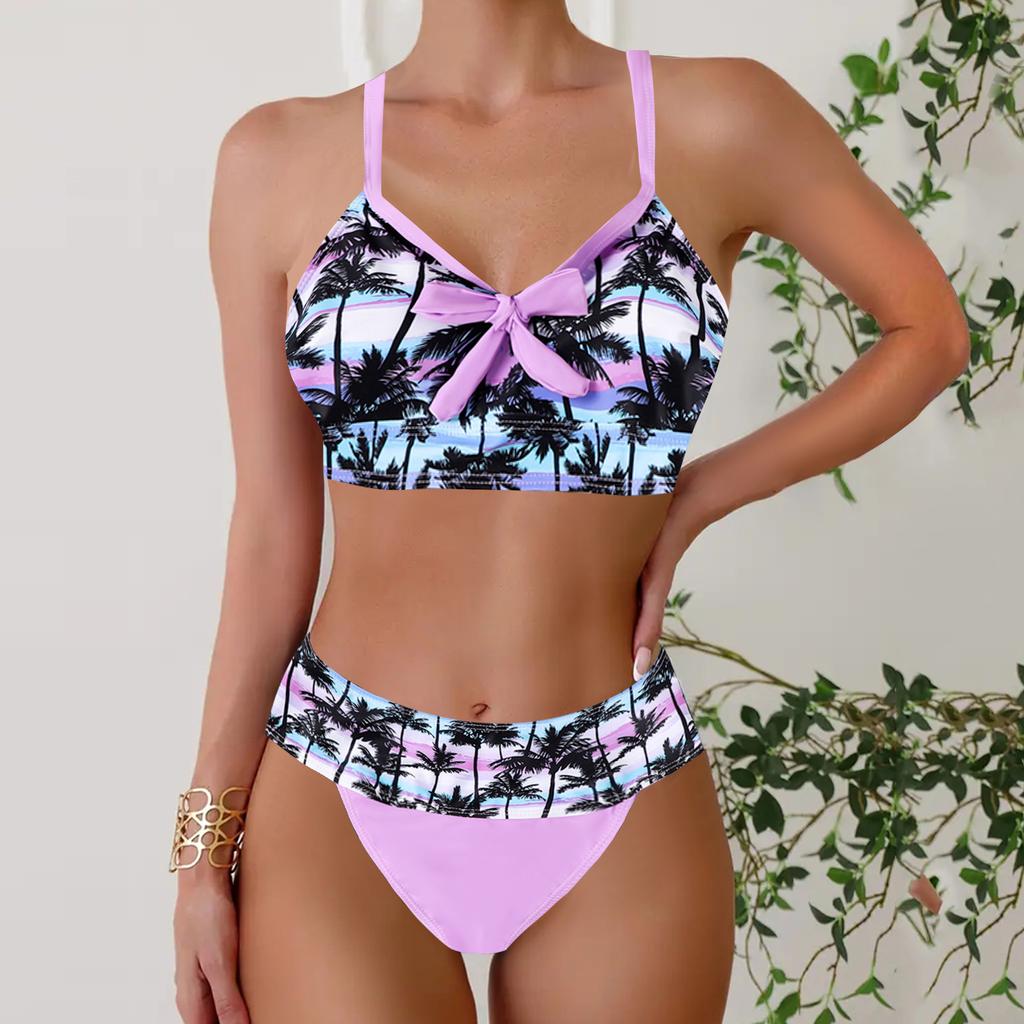 Plus Size Women Fashion Sexy Round Neck Spotted Bow Bikini Set Slim Fit Beach Swimsuits Two Piece Set