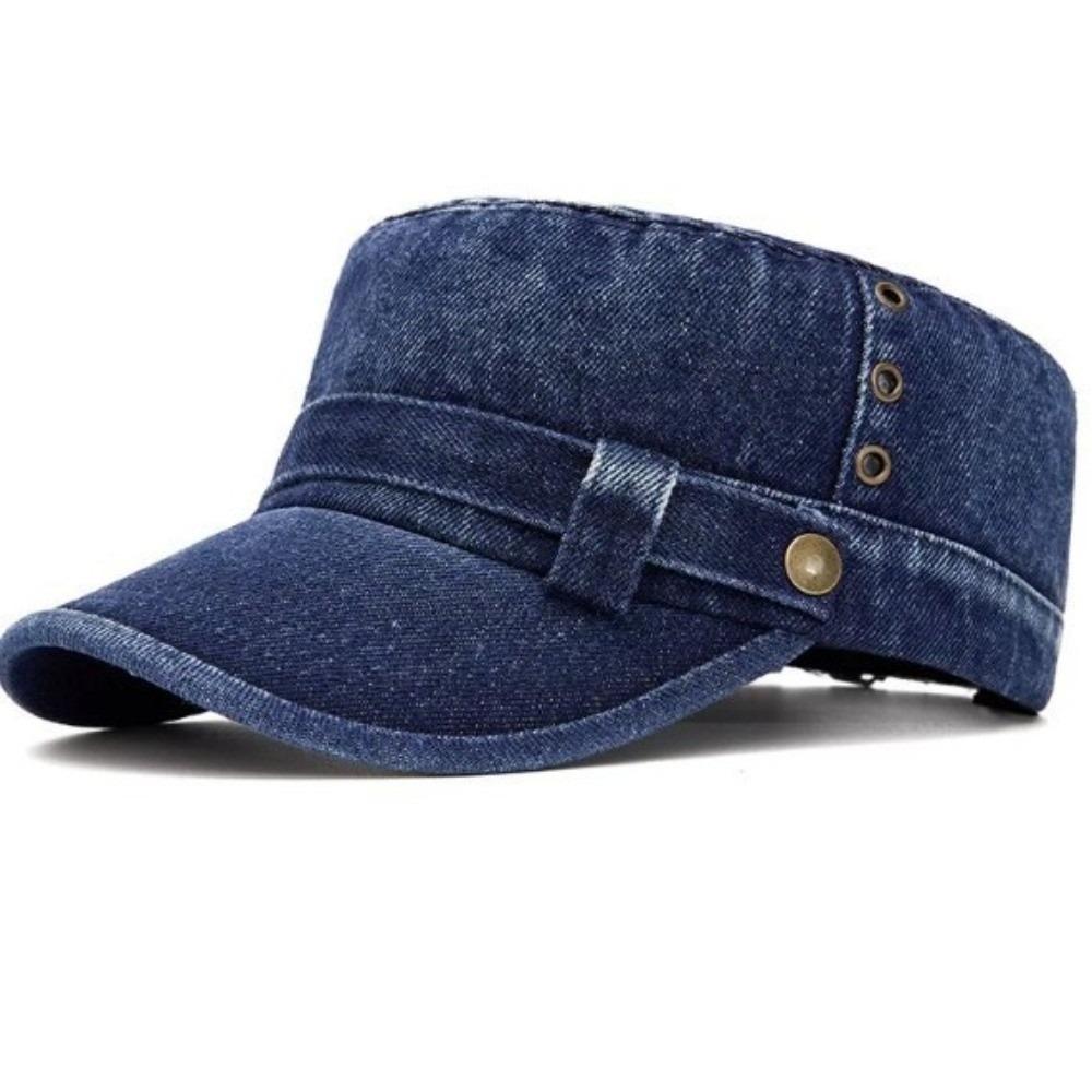 Denim Fabric Flat Top Cap Adjustable Size Cadet Cap Classic Peaked Cap All Seasons