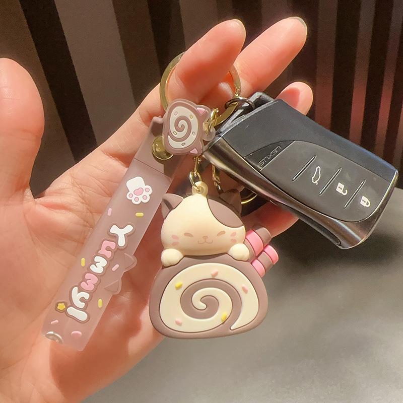 Kawaii Cat Keychain Cute Cartoon Keyring Pvc Cake Roll Key Accessories Bag Decorat Anime Key Chain for Girl Couple Trinket Gift