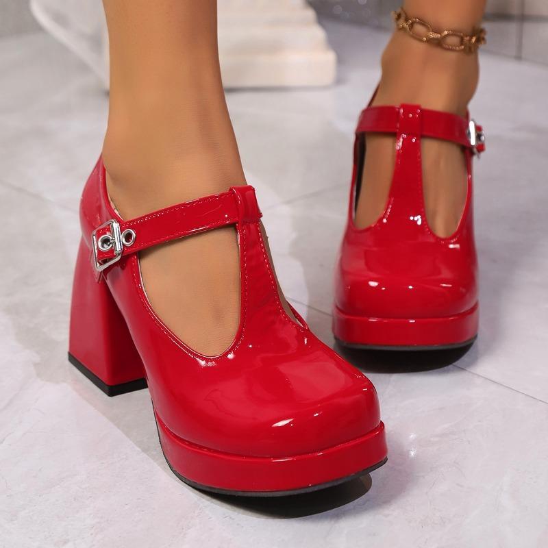 Fashion Shoes Female 2025 Mary Janes Women's High Heels Plus Size Dress Pumps Women Round Toe Buckle Strap Chunky Heels Shoes Women