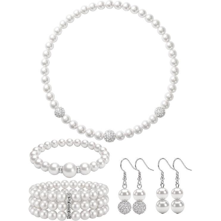 BBTO 8 Pcs Pearl Necklace and Earring Set for Women Faux Pearl Bracelet Costume Jewelry Set for Wedding Bridal Shower Party