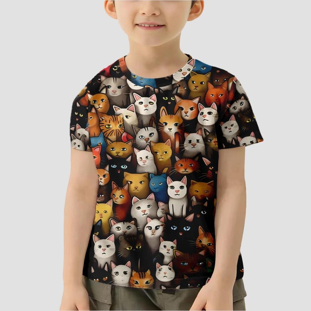 Barnkläder Gosig Katt Grafik 3D-tryck Mode Casual Street Style Sommar Kortärmad Toppar O-Hals Barn T-shirt