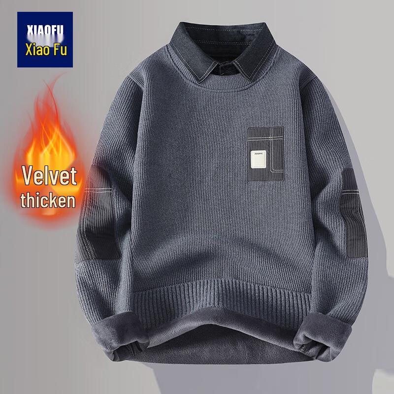

Men s Winter Fleece-Lined Fake Two-Piece Shirt Collar Pullover Knit Sweater L