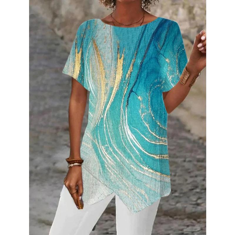 Haut Tunique Ample à Manches Courtes et Imprimé Géométrique Abstrait à Ourlet Irrégulier pour Femme Blouse Décontractée