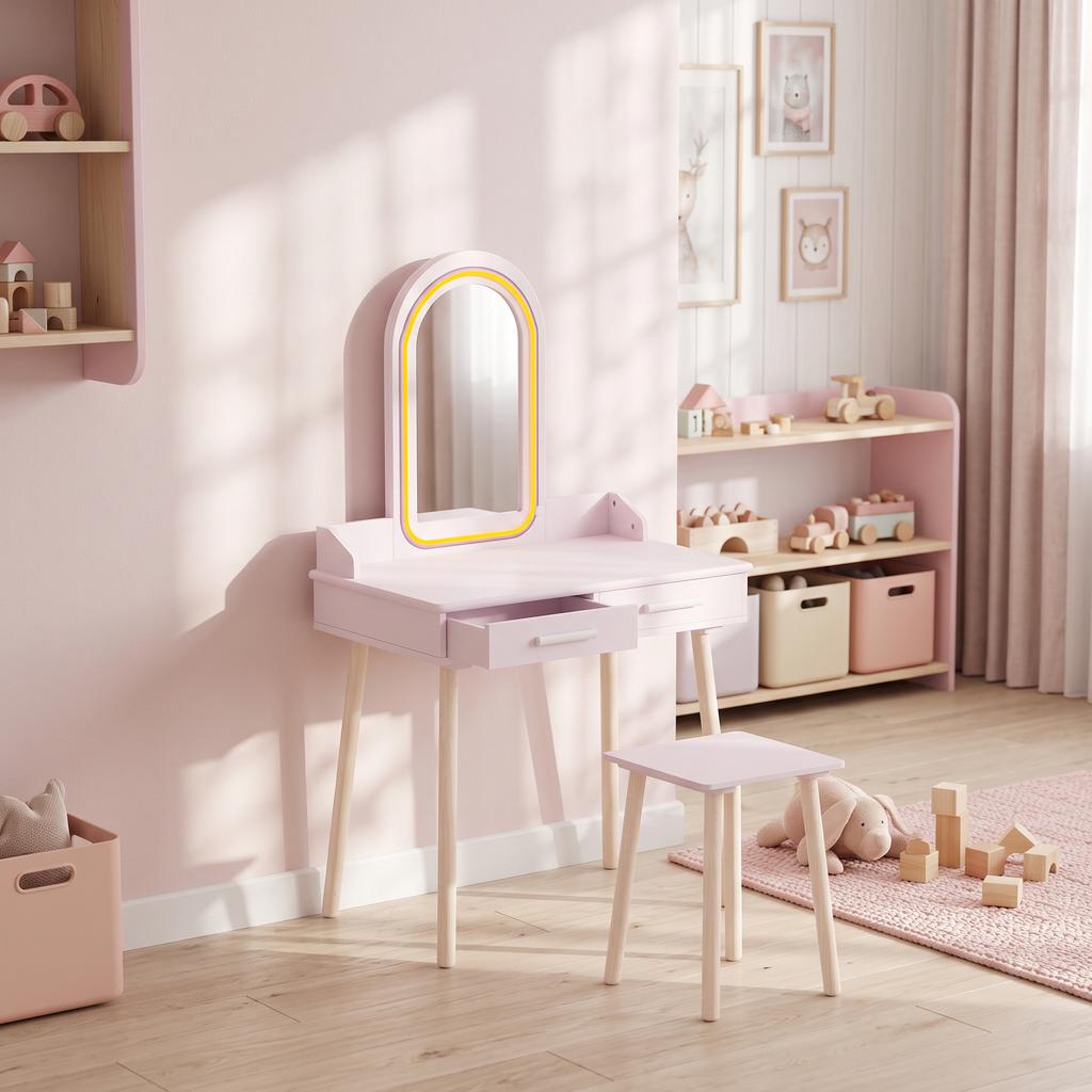 Kids Vanity Table Set 2 in 1 with LED Mirror for Girls Pink