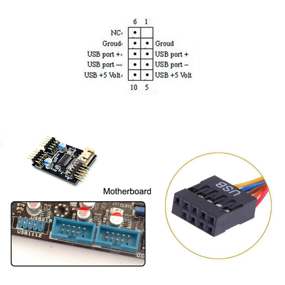 Xiwai Motherboard USB Header Female Extension Cable Hub Connector Adapter Port 9-Pin 2.0 1-2 Multi-Liner