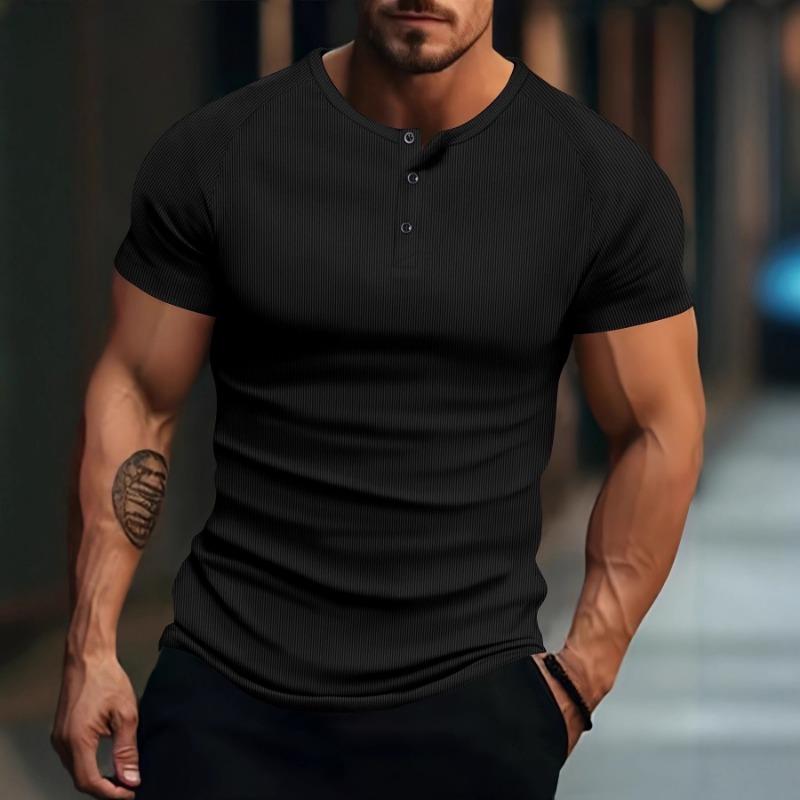 Men Vertical Ribbed Henley Neck Short Sleeve T-Shirt Casual Slim Fit Top