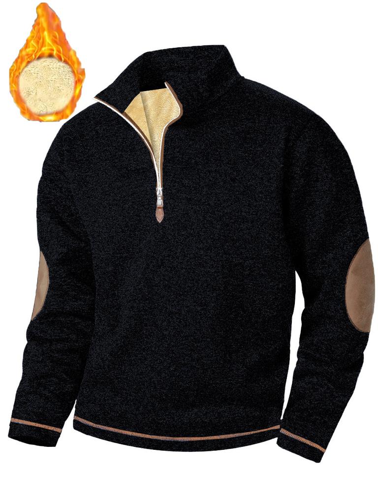 Autumn New Men's Casual Quarter Zip Fleece Lined Sweatshirt with Elbow Patches Solid Color Warm Sportswear Male Fashion Outerwear