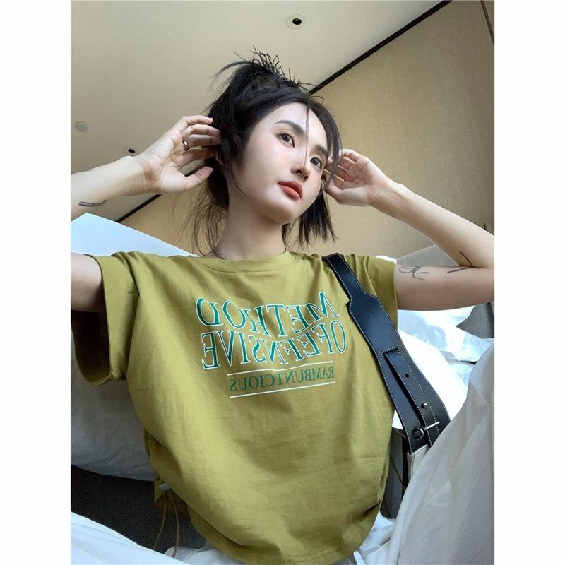 

New American Style Right Shoulder Drawstring Short-sleeved Women s Summer Short Jazz Dance Loose and Chic Crop Top Sweet Reduction XL зелений