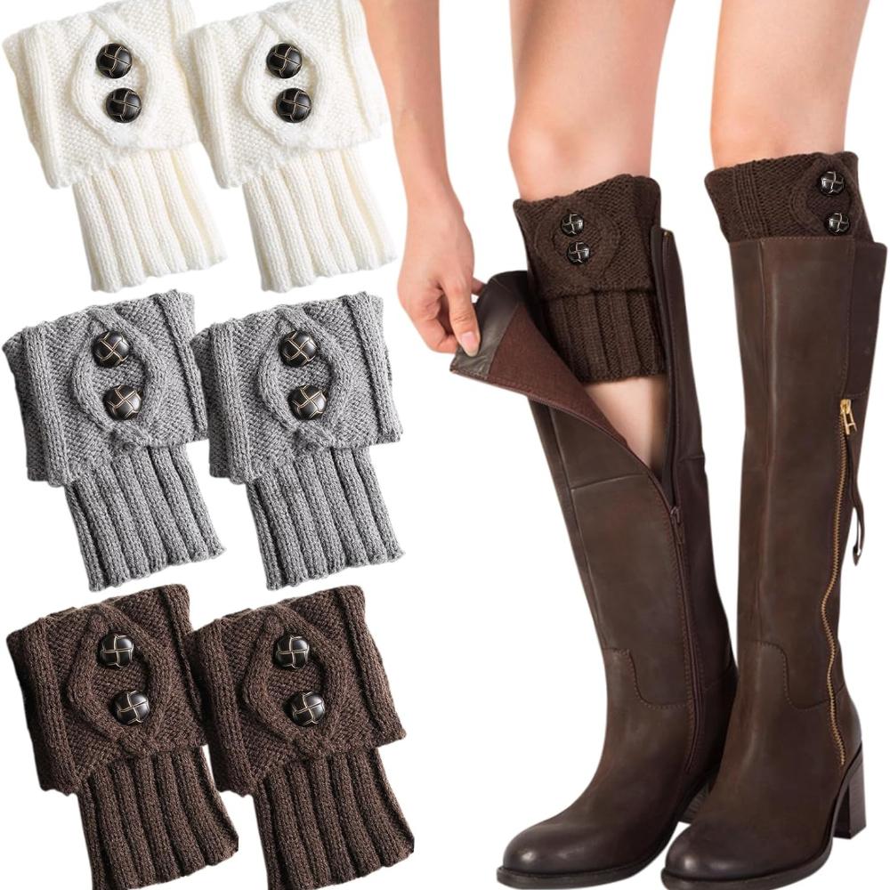 

3 пары гетр женских вязаных, вязаные гетры теплые, дизайн со сборками и пуговицами, короткие гетры до щиколотки, для женщин - белый, кофейный, серый