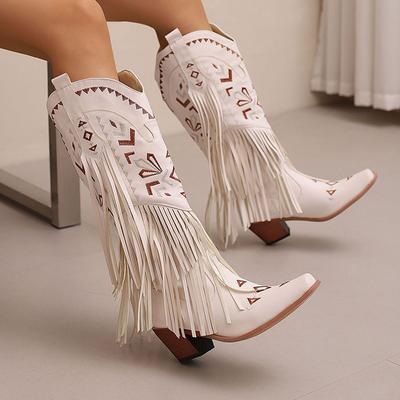 GIGIFOX Botas Vaqueras Retro con Borlas Bordadas de Media Caña para Mujer, Punta Afilada, Tacón Alto Grueso, Cowboy, Cool, Zapatos Combinables
