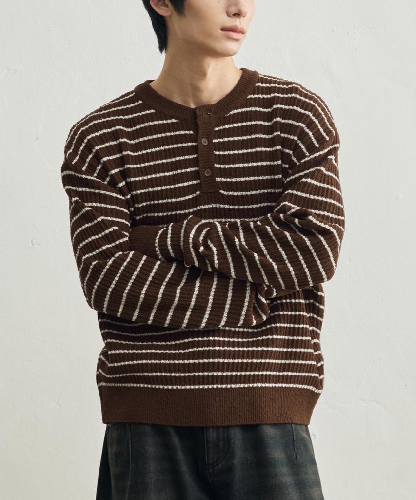 ROTEMBER Low Stripe Henley Neck Crop Knit [Brown]