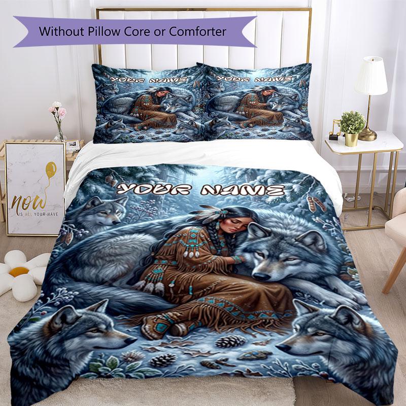 3PC Custom Name Wolf Spirit Connection Bedding Set Duvet Cover Closure Includes 1 Duvet Cover & 2 Pillowcases for Bedroom